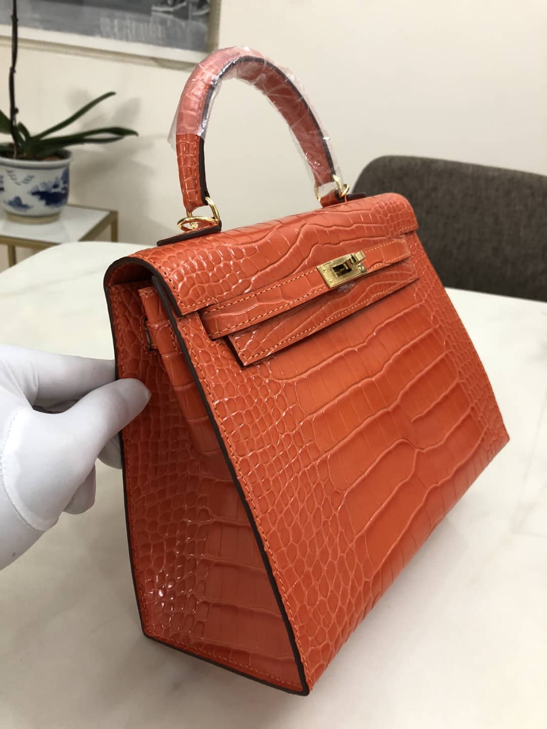Hermes Kelly Dupe 25CM Crocodile Shiny Replica Bag