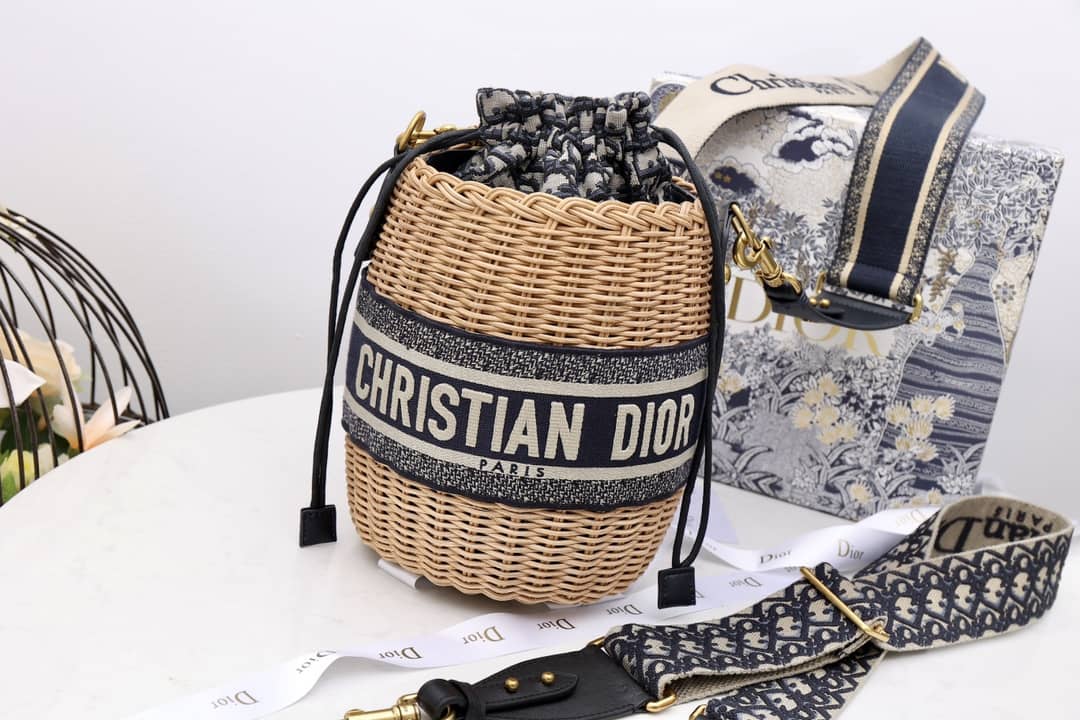 Christian Dior Wicker Bucket Bagblue Oblique