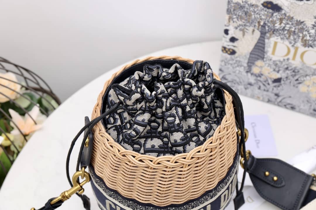 Christian Dior Wicker Bucket Bagblue Oblique