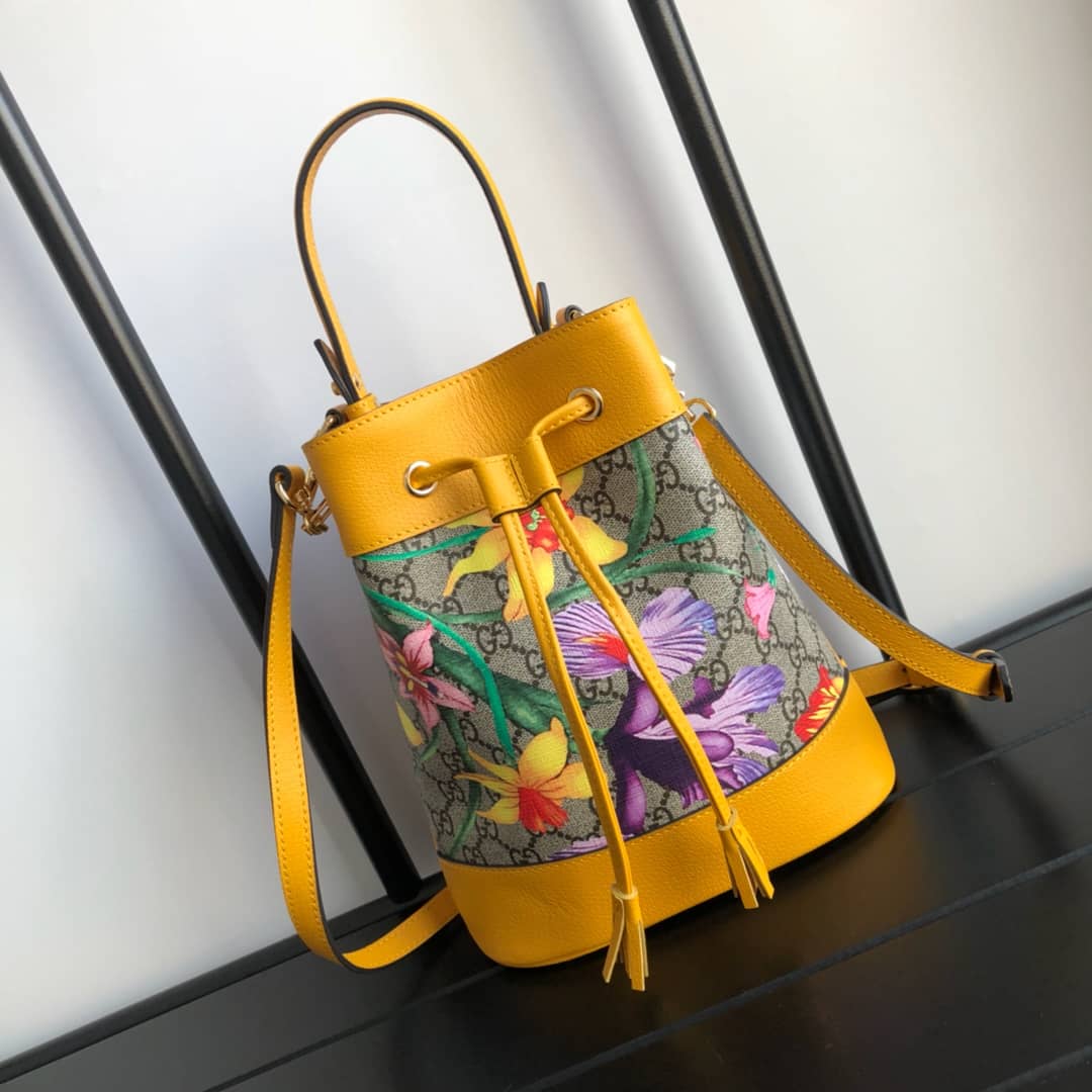 Gucci Ophidia GG Flora Pattern Small Bucket Bag Replica Yellow 550621