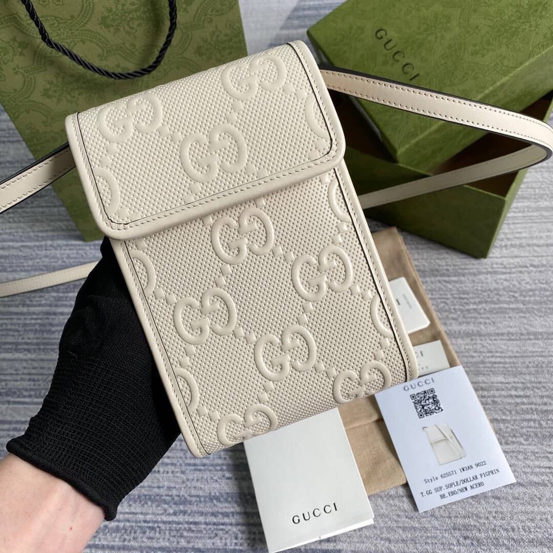 Gucci GG Embossed Leather Mini Messenger Bag Replica White 625571