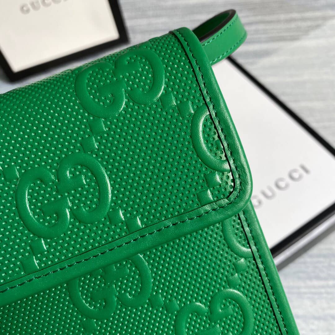 Gucci GG Embossed Leather Mini Messenger Bag Replica Green 625571