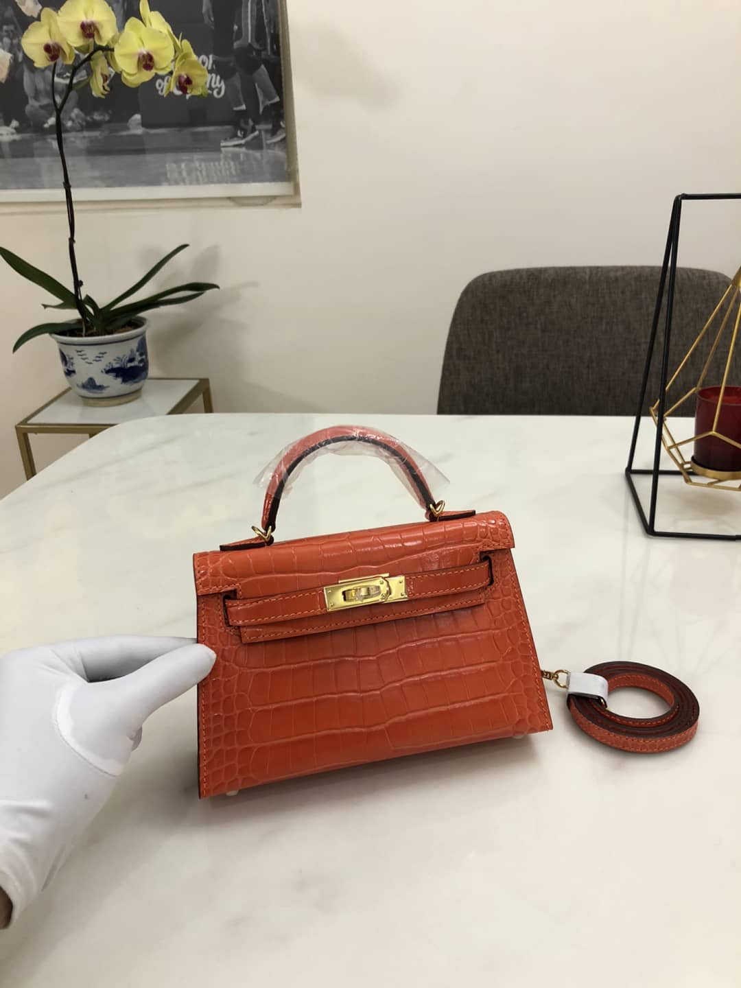 Hermes Kelly Dupe Mini19CM Crocodile Shiny Replica Bag