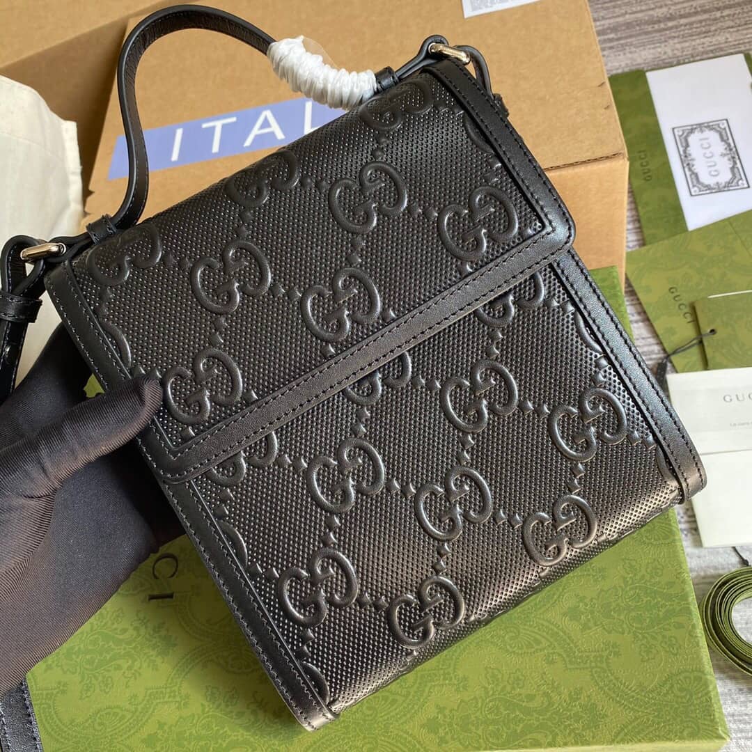 Gucci GG Embossed Leather Shoulder Bag Black 627470