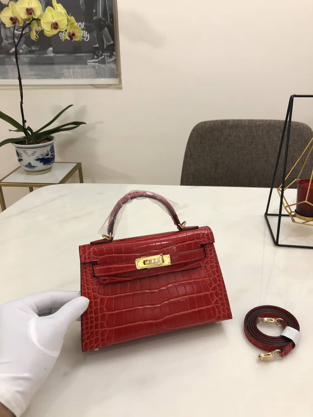 Hermes Kelly Dupe Mini 19CM Crocodile Shiny Replica Bag