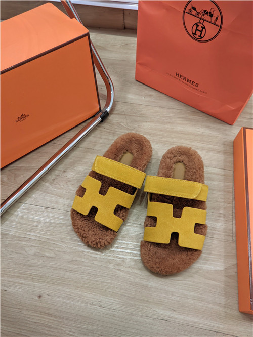hermes lamb wool flat slippers