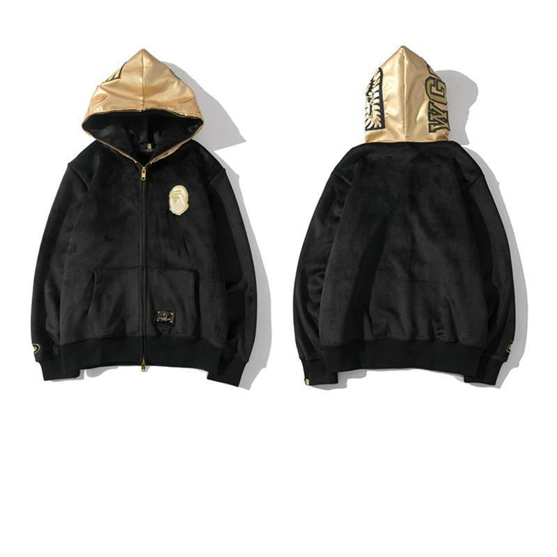 Bape Shark Hoodies Plush Gold-Black Full Zipper Sweatshirts