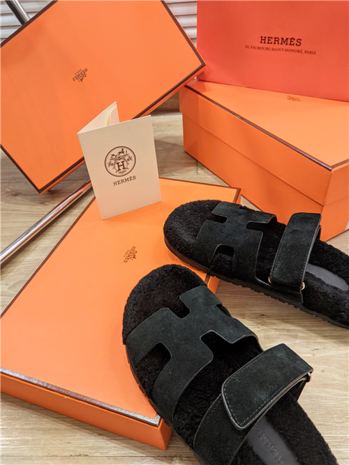 hermes lamb wool flat slippers
