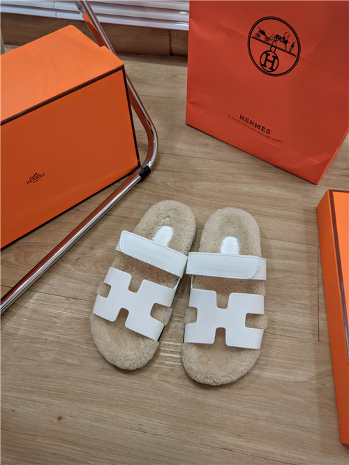 hermes lamb wool flat slippers