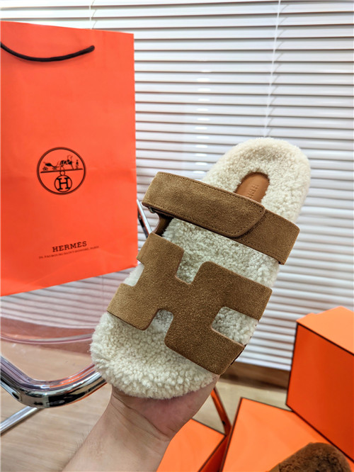 hermes lamb wool flat slippers