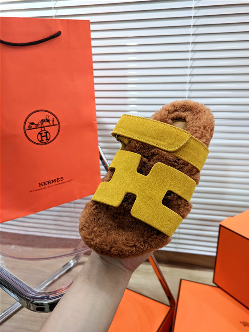 hermes lamb wool flat slippers