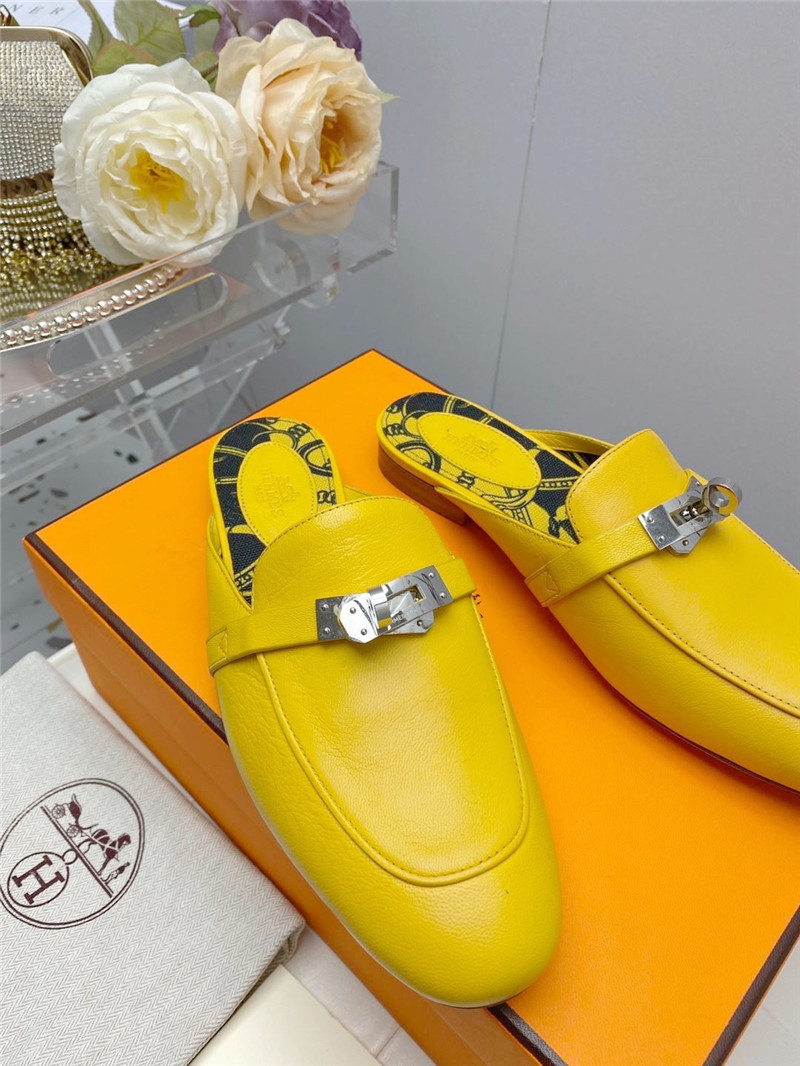 hermes kelly gold buckle slippers