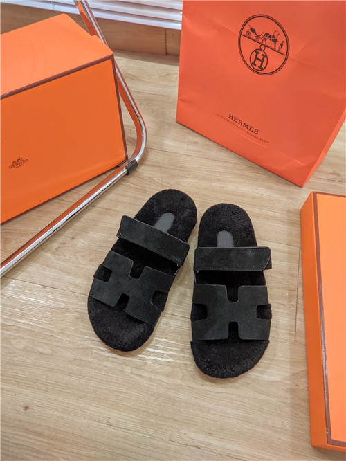 hermes lamb wool flat slippers