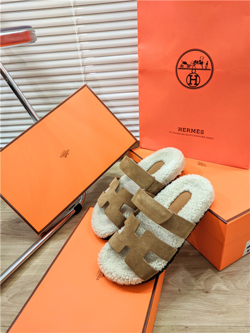 hermes lamb wool flat slippers