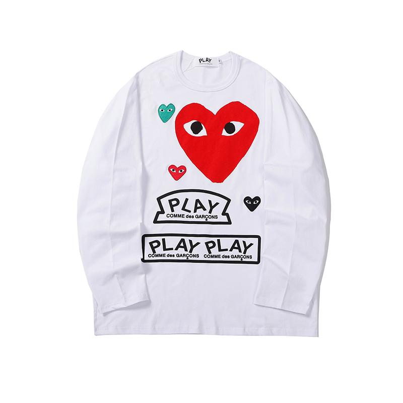 COMME DES GARCONS CDG PLAY Black & Red Hearts Long Sleeve White T SHIRT