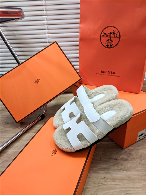 hermes lamb wool flat slippers