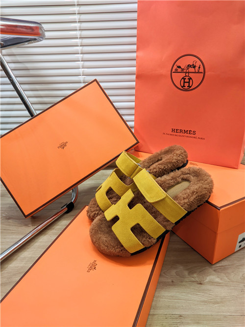 hermes lamb wool flat slippers