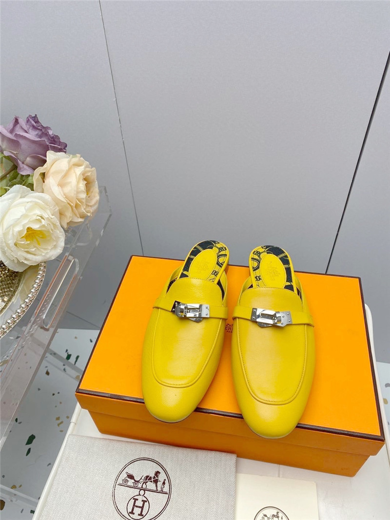 hermes kelly gold buckle slippers