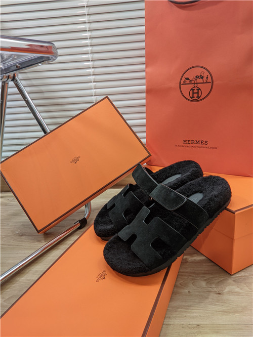 hermes lamb wool flat slippers