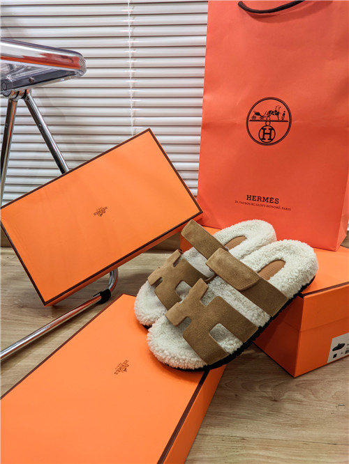 hermes lamb wool flat slippers