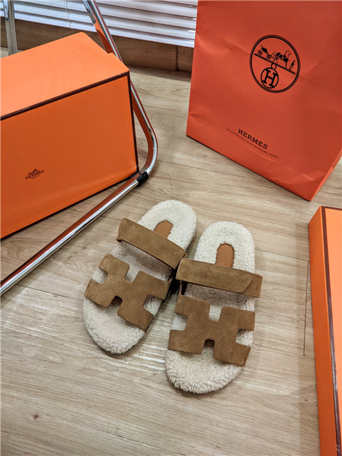 hermes lamb wool flat slippers