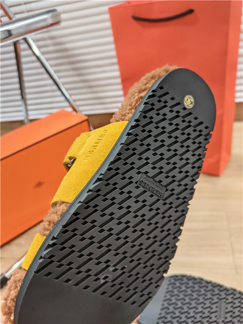 hermes lamb wool flat slippers