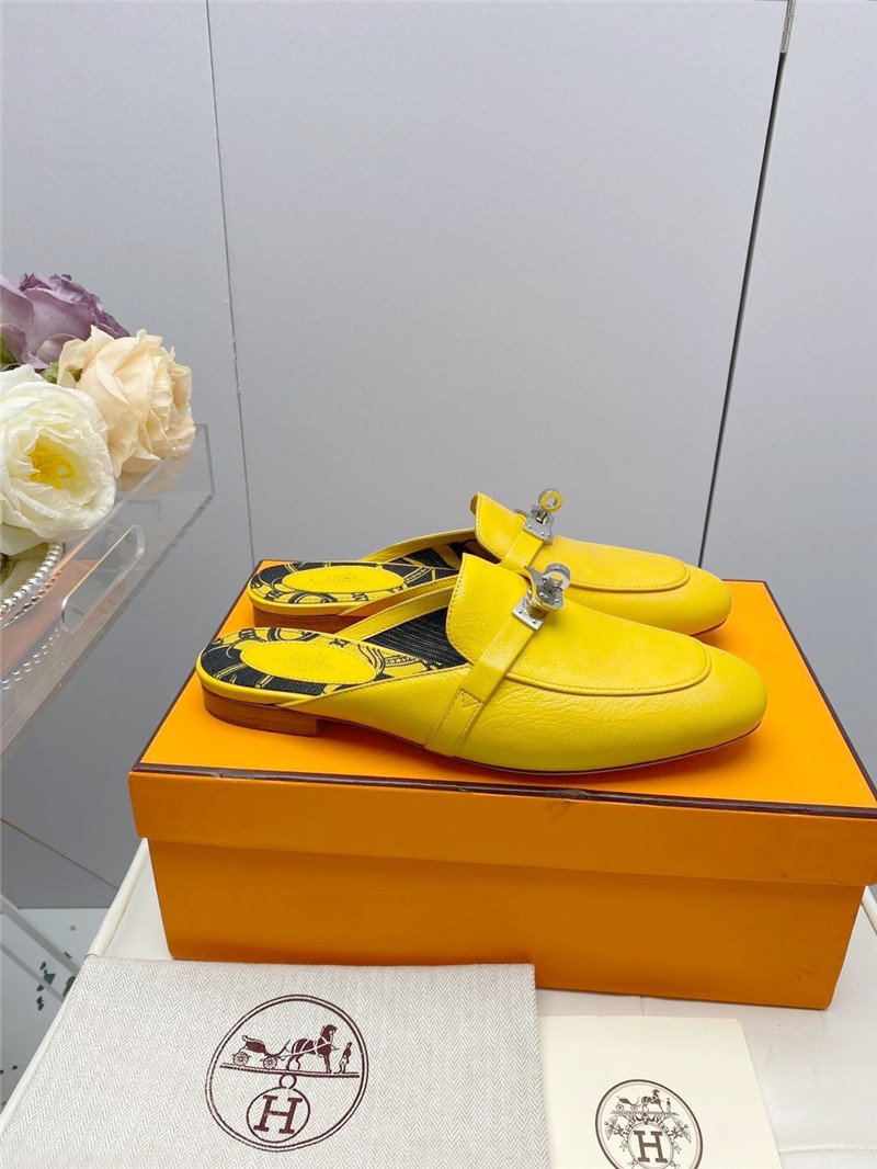 hermes kelly gold buckle slippers