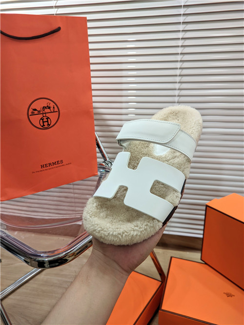 hermes lamb wool flat slippers