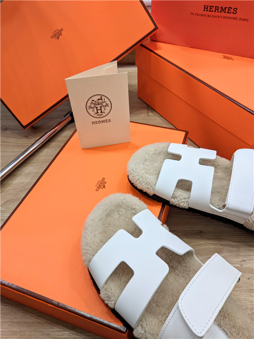 hermes lamb wool flat slippers