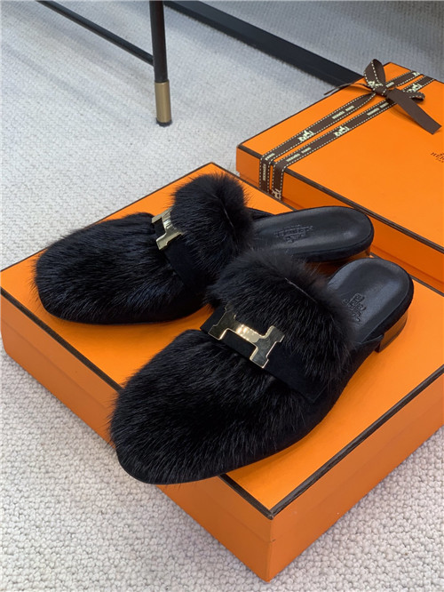 hermes mink loafers slippers