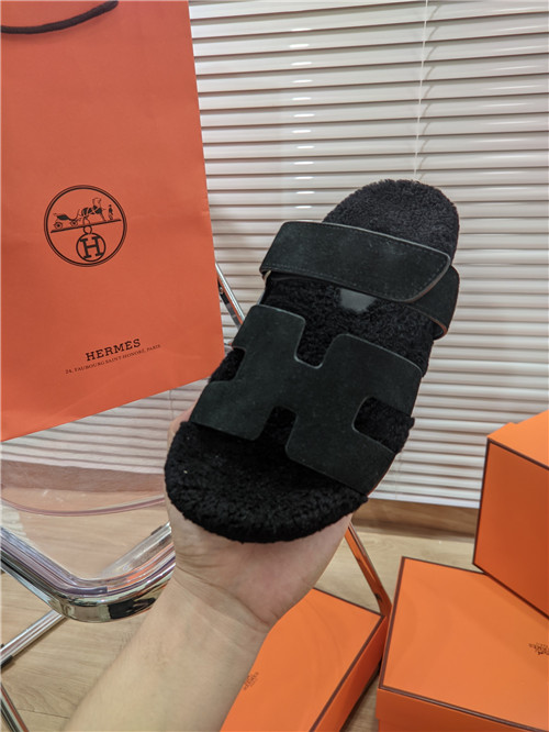 hermes lamb wool flat slippers