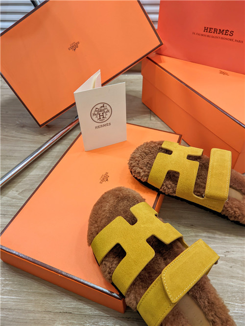 hermes lamb wool flat slippers