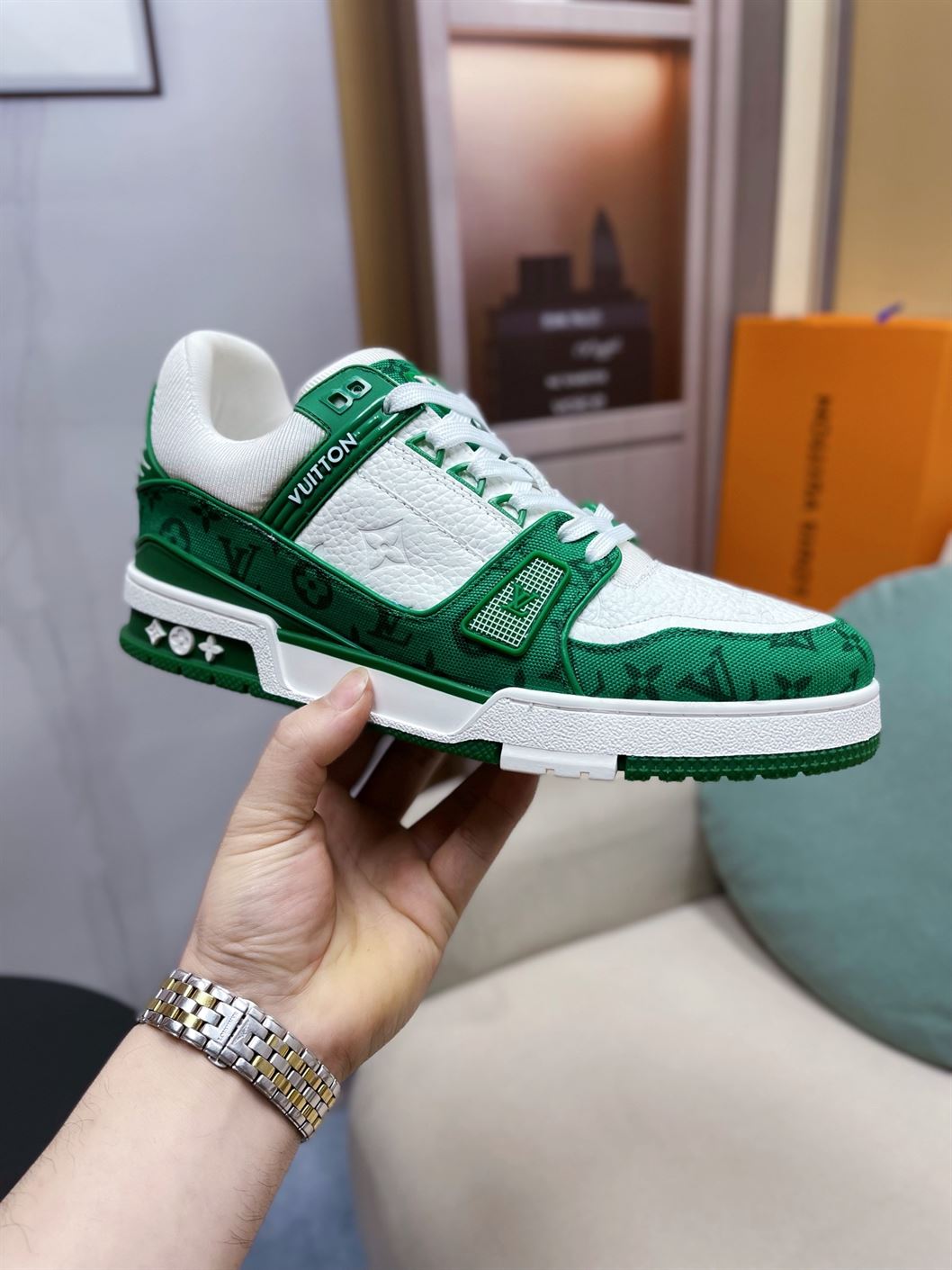 LOUIS VUITTON TRAINER MONOGRAM DENIM WHITE GREEN   LVS001