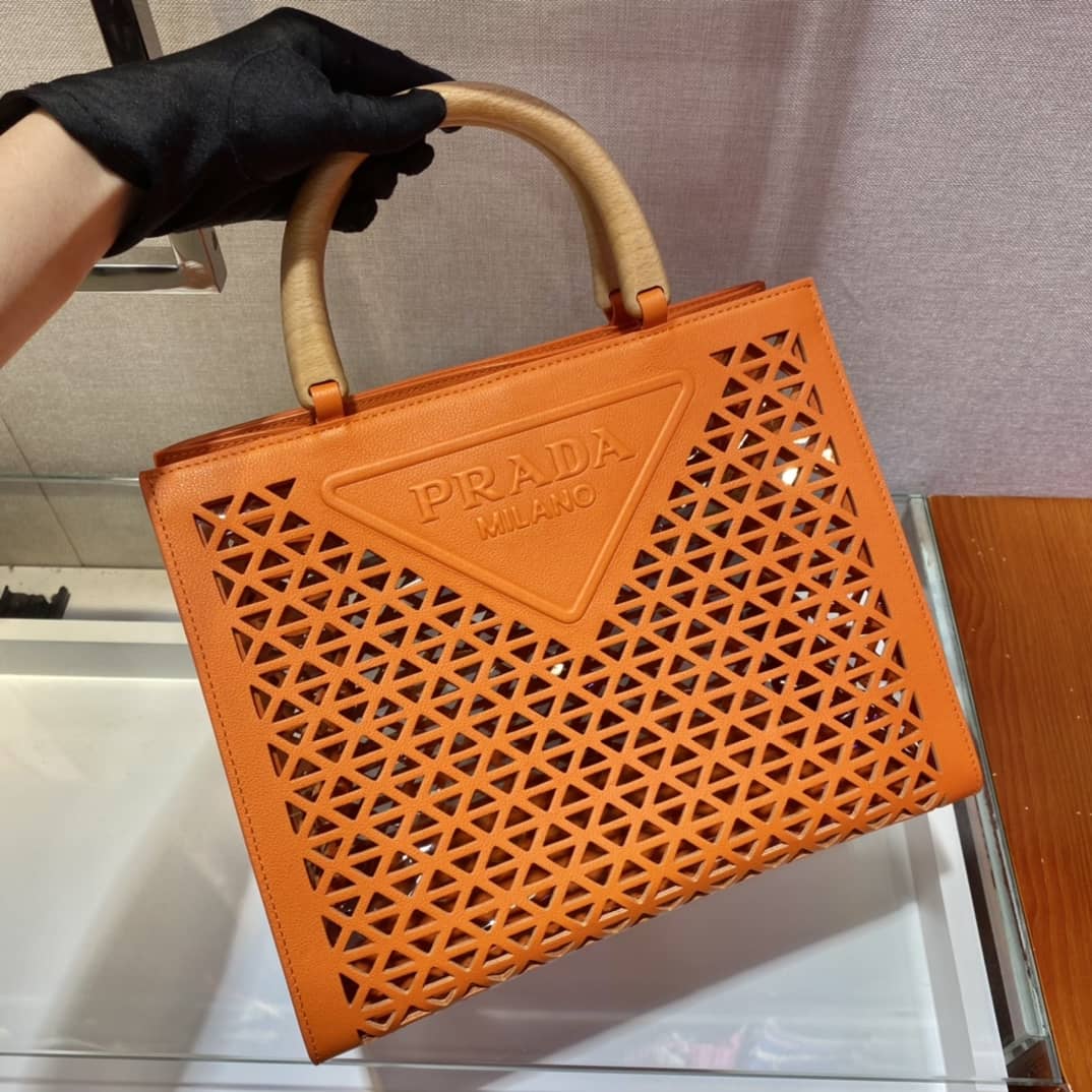 Prada Hollow Out Cowhide Leather Beech Tote