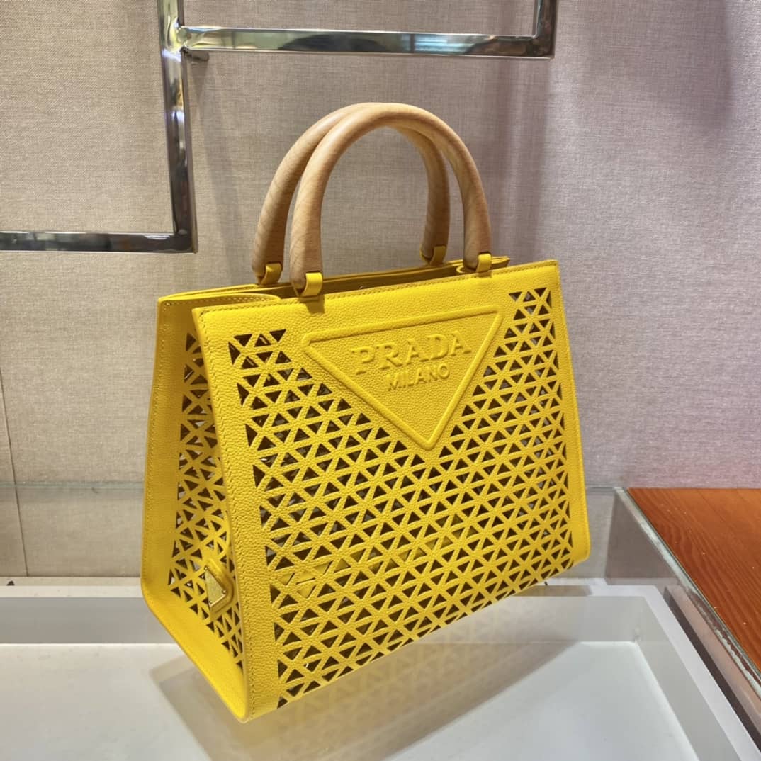 Prada Hollow Out Cowhide Leather Beech Tote