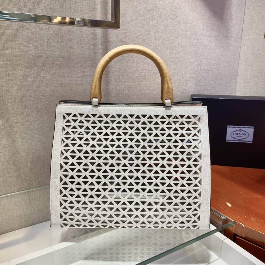 Prada Hollow Out Cowhide Leather Beech Tote
