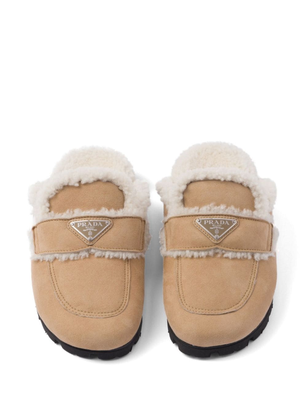 Replica Pradas triangle-logo shearling slippers