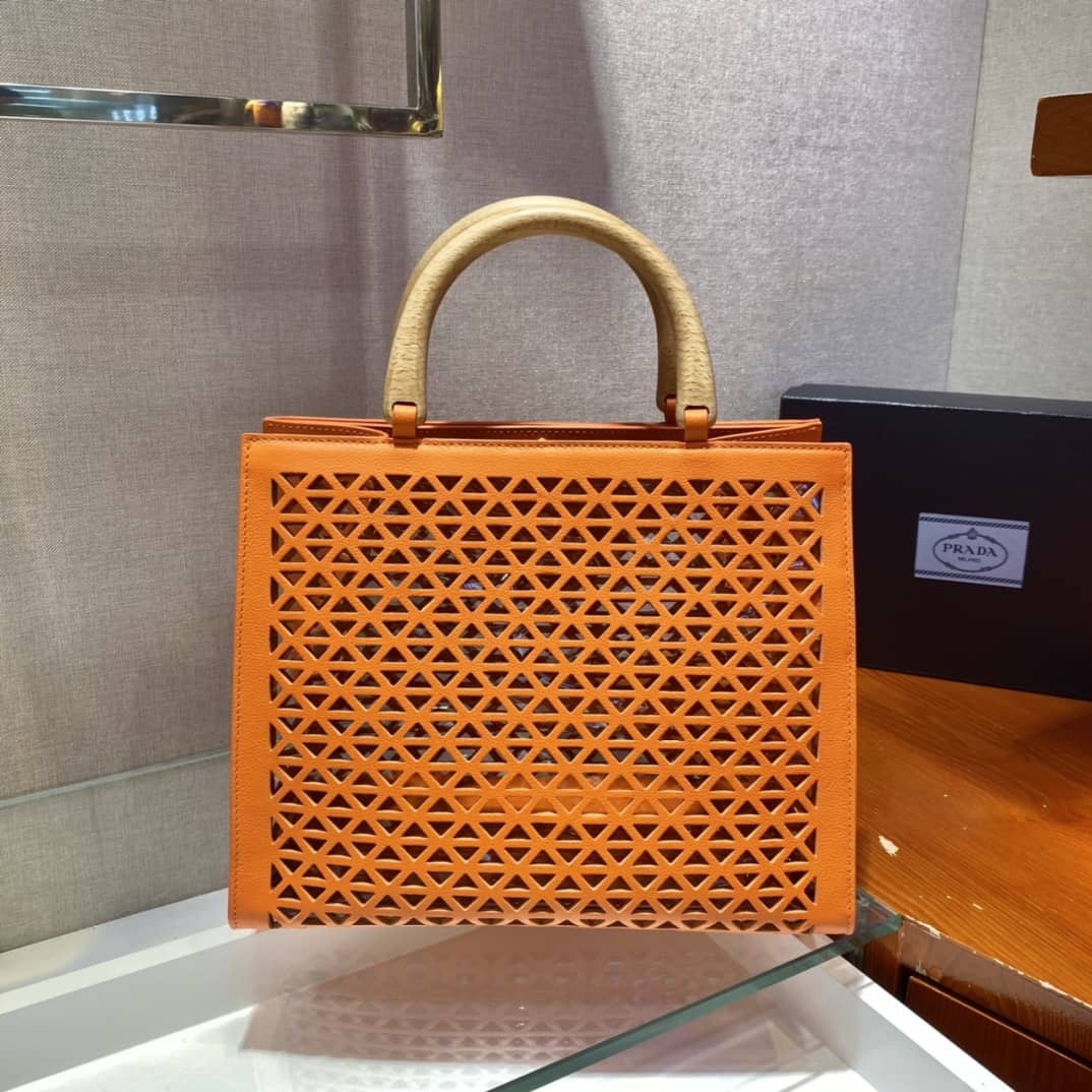 Prada Hollow Out Cowhide Leather Beech Tote