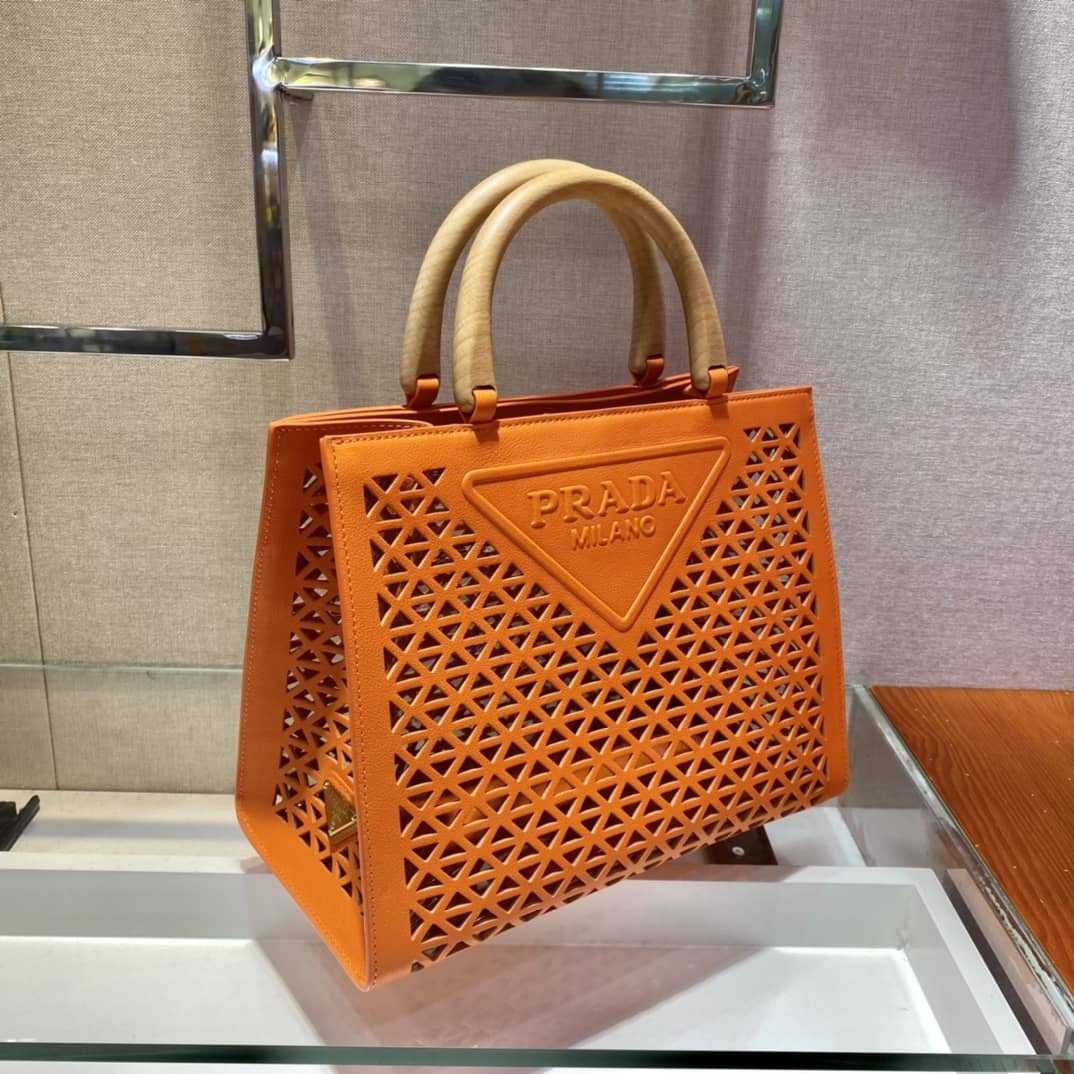 Prada Hollow Out Cowhide Leather Beech Tote