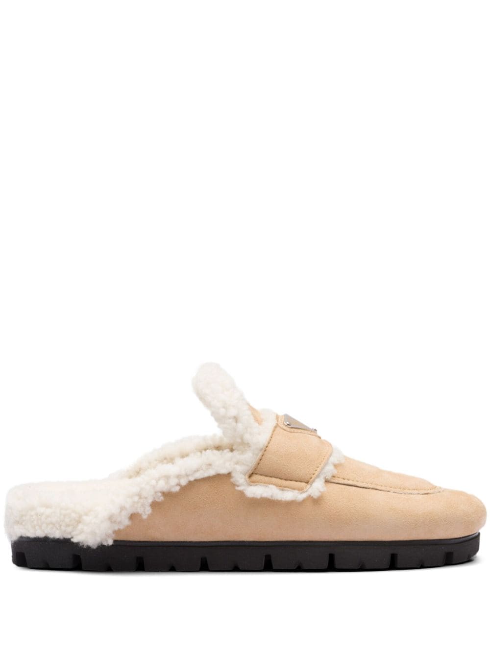 Replica Pradas triangle-logo shearling slippers