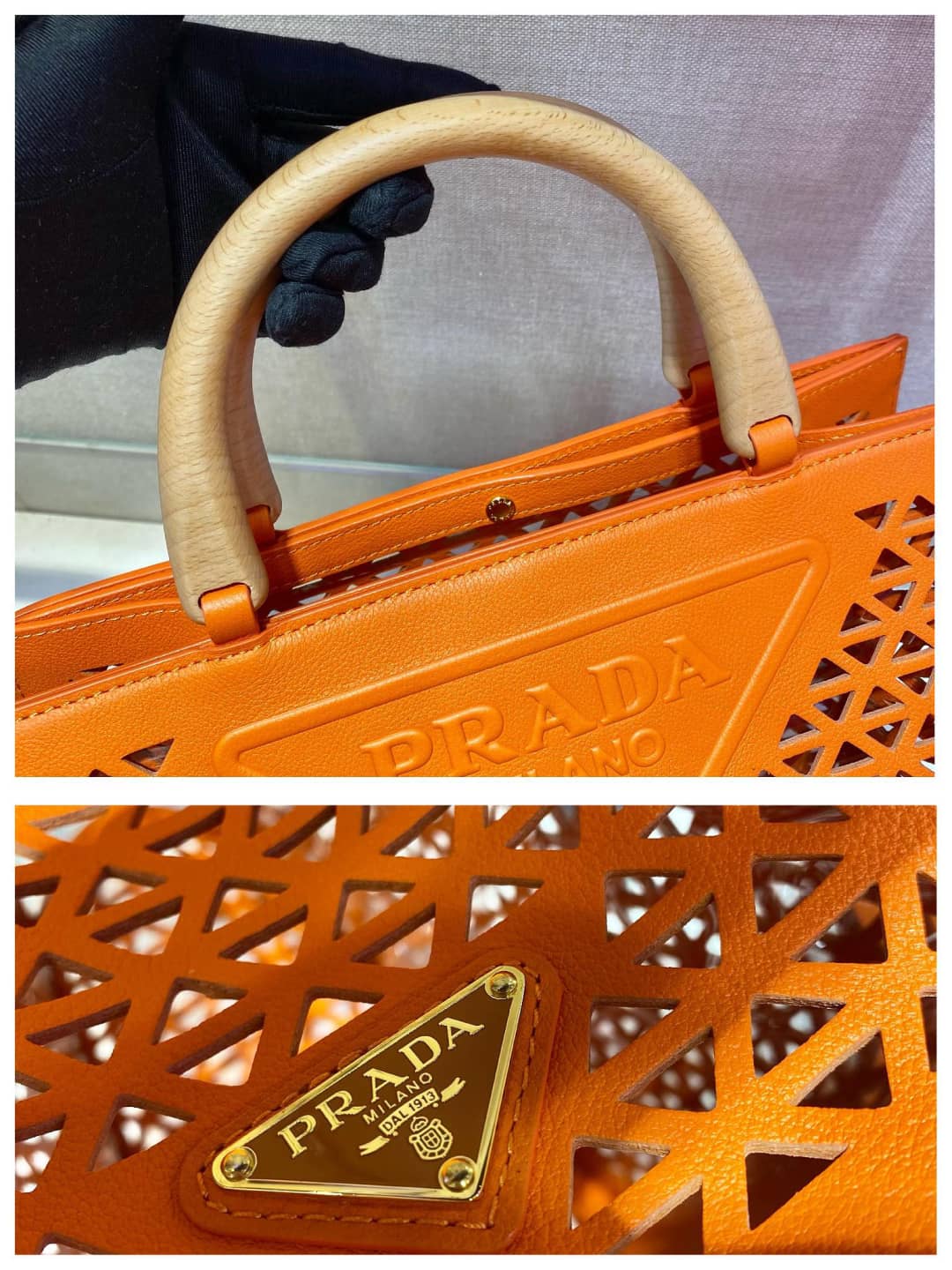 Prada Hollow Out Cowhide Leather Beech Tote