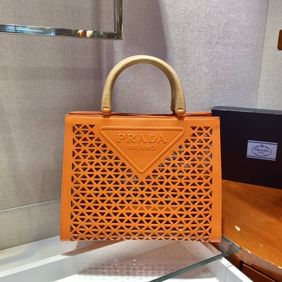 Prada Hollow Out Cowhide Leather Beech Tote