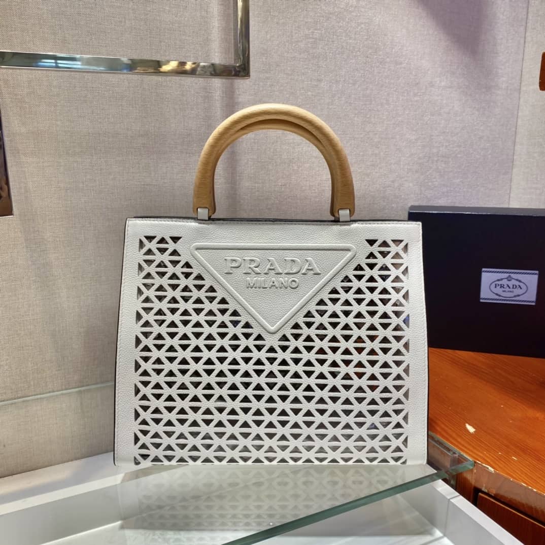 Prada Hollow Out Cowhide Leather Beech Tote