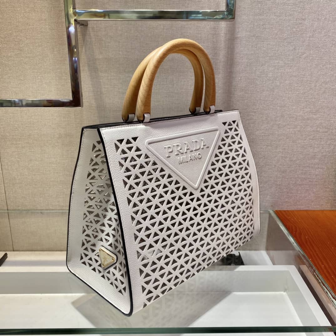 Prada Hollow Out Cowhide Leather Beech Tote