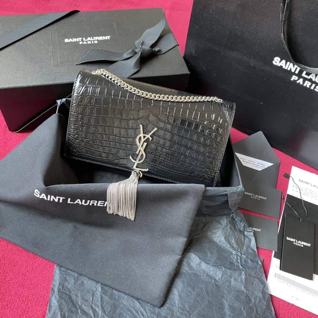 YSL Monogram Kate Tassel Embossed Crocodile Shiny Leather Cohotbag