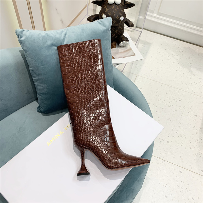 amina muaddi crocodile print boots
