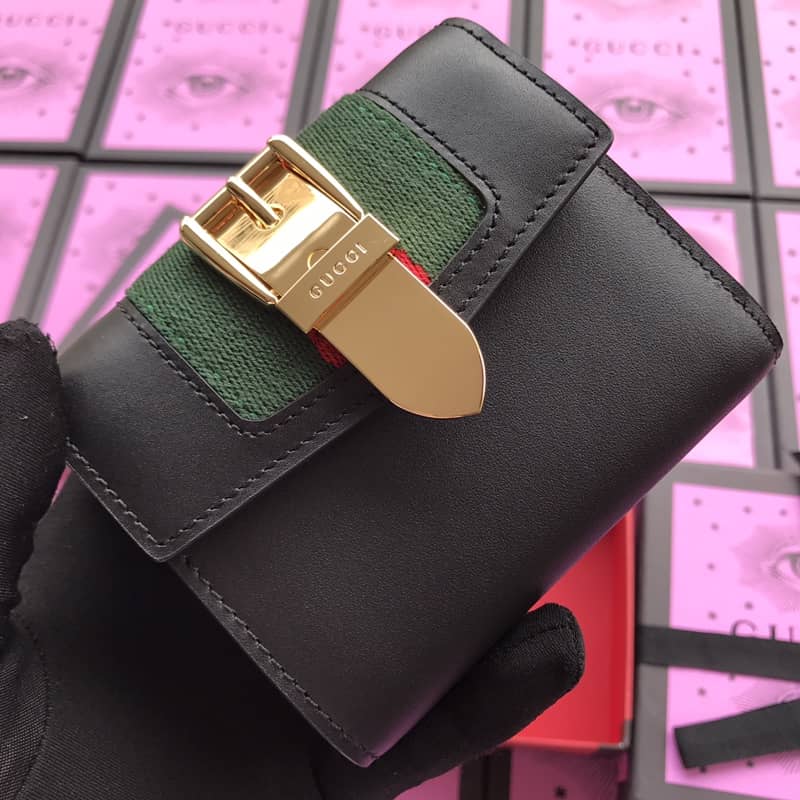Gucci Short Button Cowhide Leather Wallet Black 476081