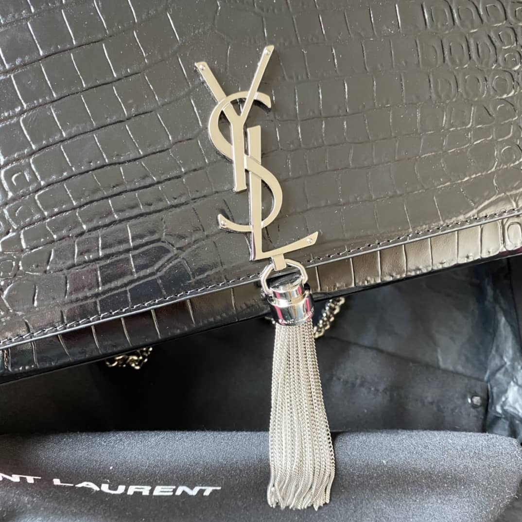 YSL Monogram Kate Tassel Embossed Crocodile Shiny Leather Cohotbag