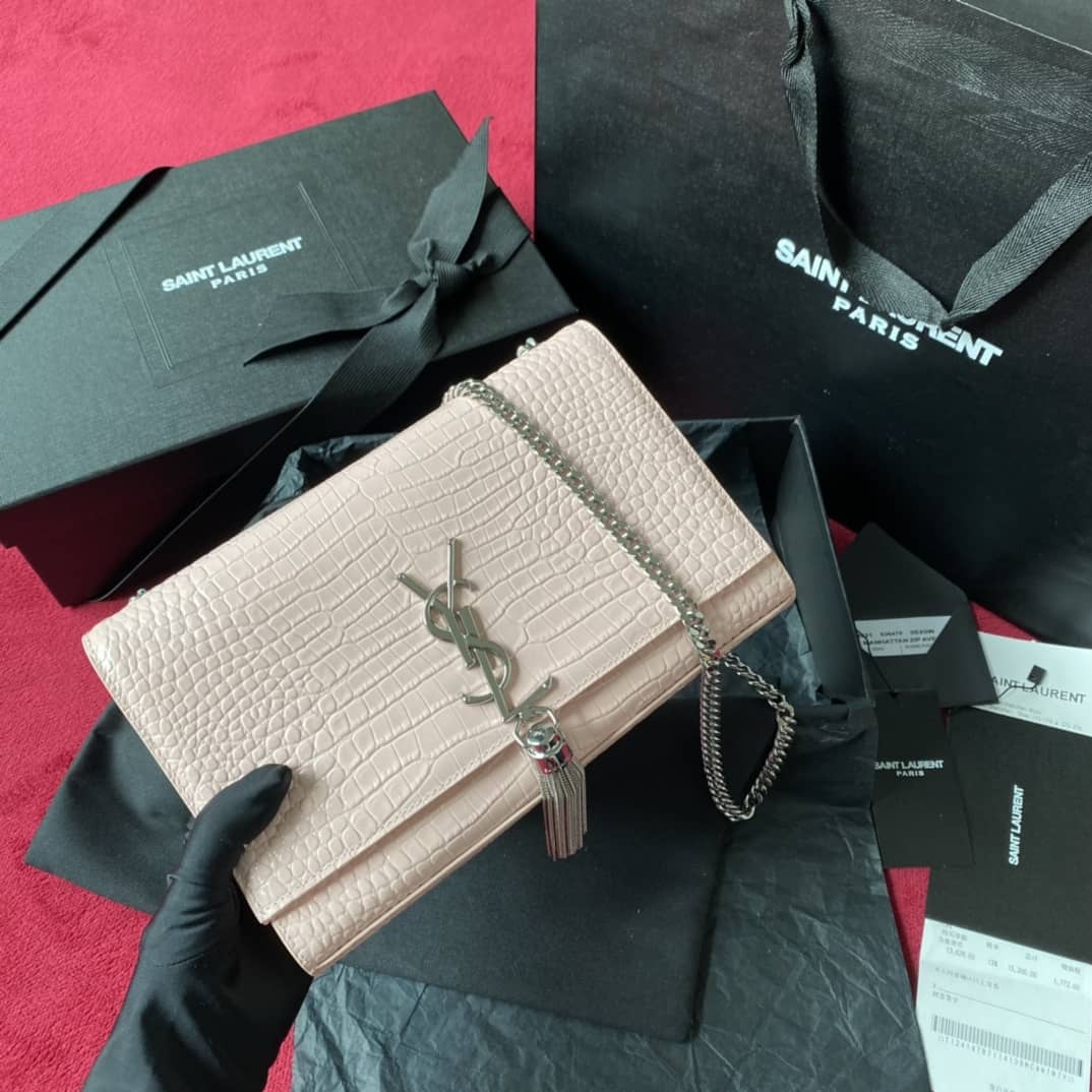 YSL Monogram Kate Tassel Embossed Crocodile Shiny Leather Cohotbag