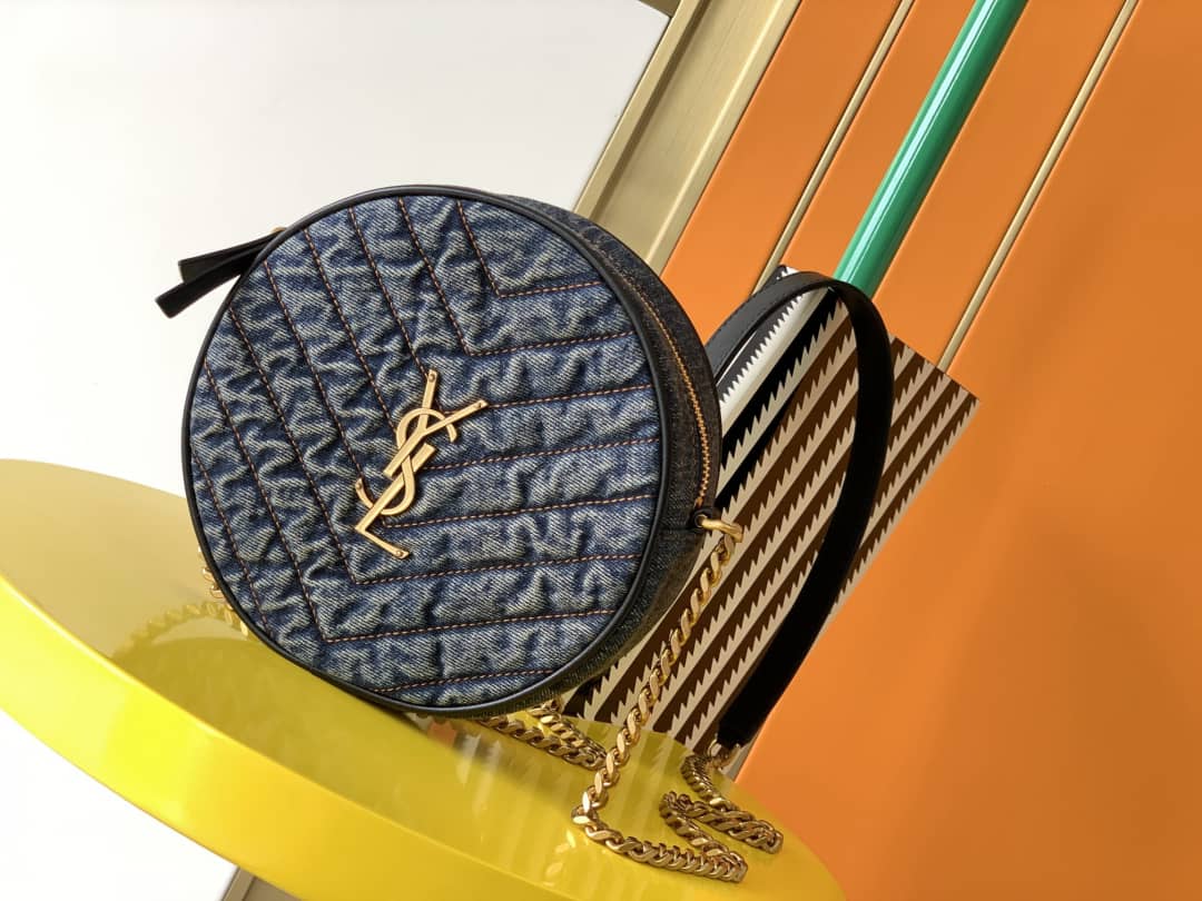 Saint Laurent YSL Vinyle Denim Quilted Round Bag